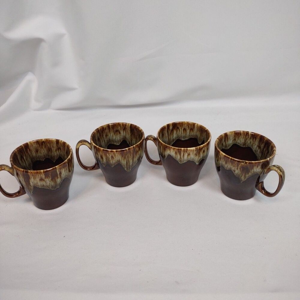 4 Canonsburg Pottery Brown Drip Glaze Coffee Mugs Cups USA 3 1/2 X 3 1/2”Vintage